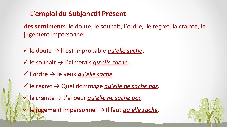 L’emploi du Subjonctif Présent des sentiments: le doute; le souhait; l’ordre; le regret; la