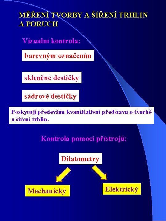 MĚŘENÍ TVORBY A ŠÍŘENÍ TRHLIN A PORUCH Vizuální kontrola: barevným označením skleněné destičky sádrové