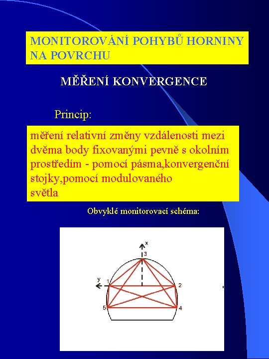 MONITOROVÁNÍ POHYBŮ HORNINY NA POVRCHU MĚŘENÍ KONVERGENCE Princip: měření relativní změny vzdálenosti mezi dvěma