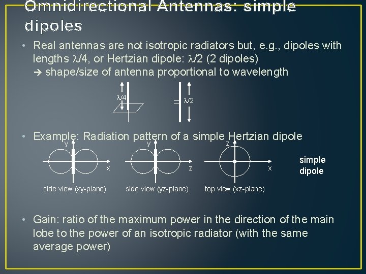 Omnidirectional Antennas: simple dipoles • Real antennas are not isotropic radiators but, e. g.