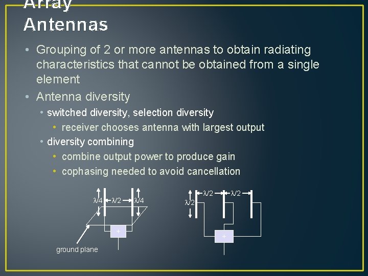 Array Antennas • Grouping of 2 or more antennas to obtain radiating characteristics that