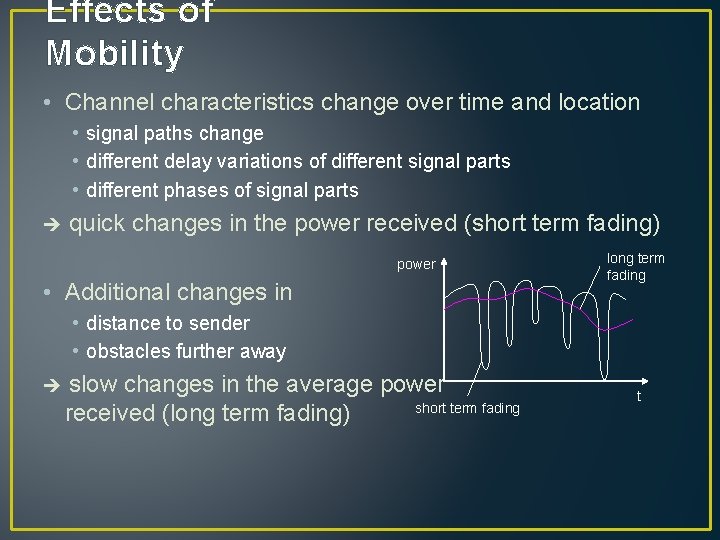 Effects of Mobility • Channel characteristics change over time and location • signal paths