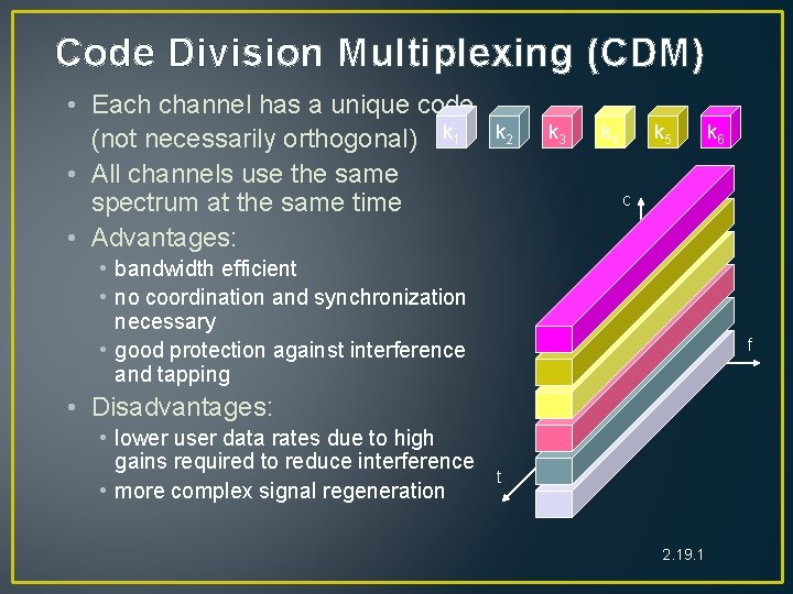 Code Division Multiplexing (CDM) • Each channel has a unique code (not necessarily orthogonal)