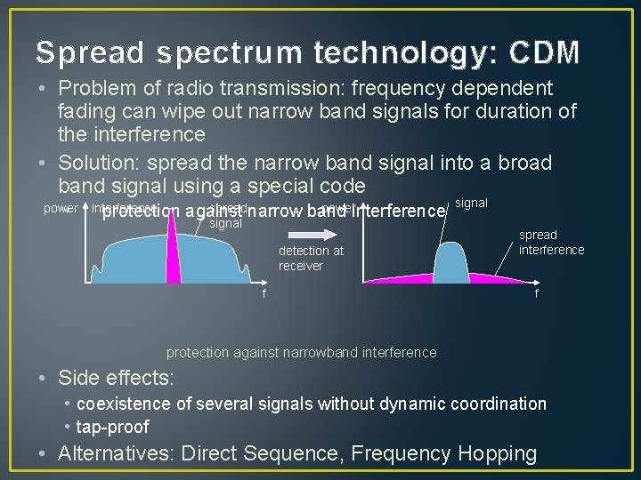 Spread spectrum technology: CDM • Problem of radio transmission: frequency dependent fading can wipe