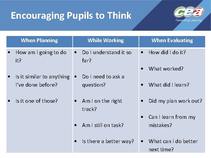 Encouraging Pupils to Think When Planning How am I going to do it? While