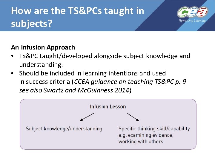 How are the TS&PCs taught in subjects? An Infusion Approach • TS&PC taught/developed alongside