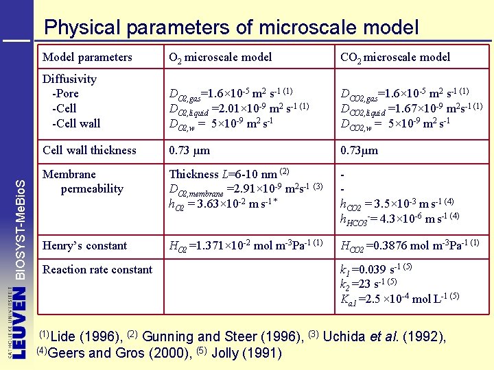 BIOSYST-Me. Bio. S Physical parameters of microscale model Model parameters O 2 microscale model