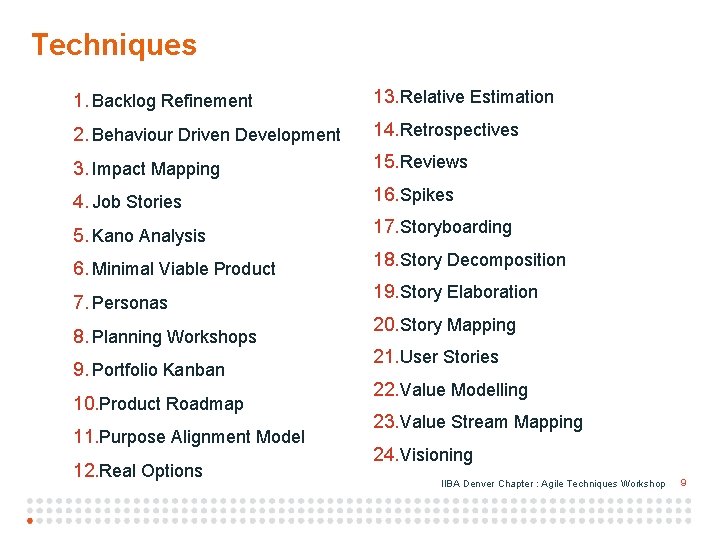 Techniques 1. Backlog Refinement 13. Relative Estimation 2. Behaviour Driven Development 14. Retrospectives 3.