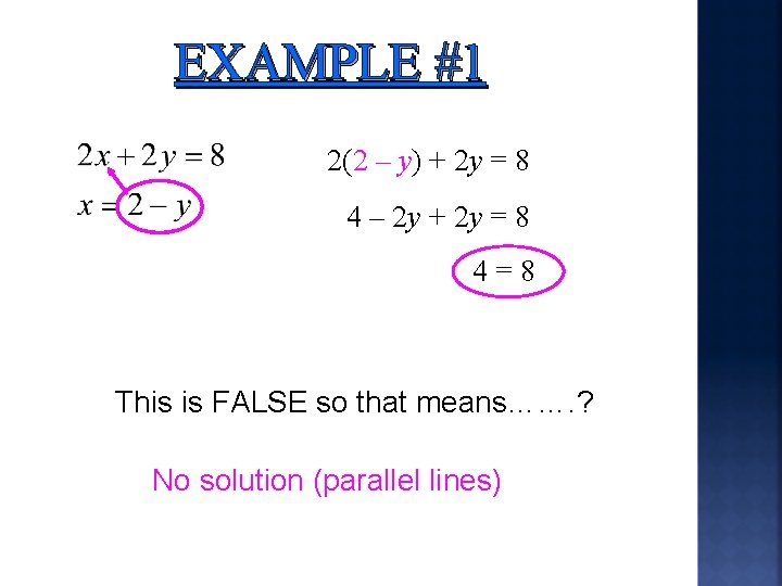 EXAMPLE #1 2(2 – y) + 2 y = 8 4 – 2 y
