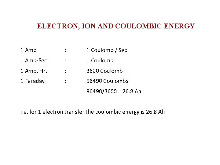 ELECTRON, ION AND COULOMBIC ENERGY 1 Amp : 1 Coulomb / Sec 1 Amp-Sec.