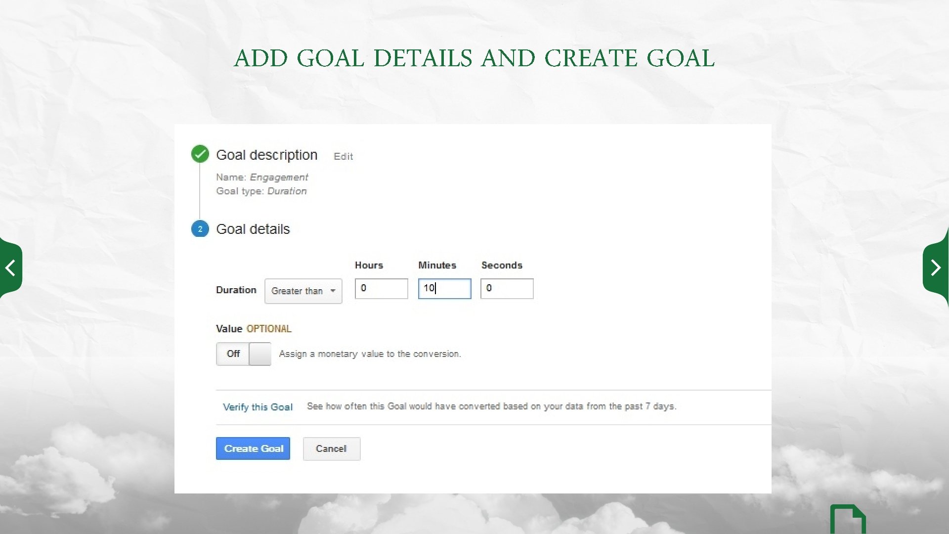 ADD GOAL DETAILS AND CREATE GOAL 