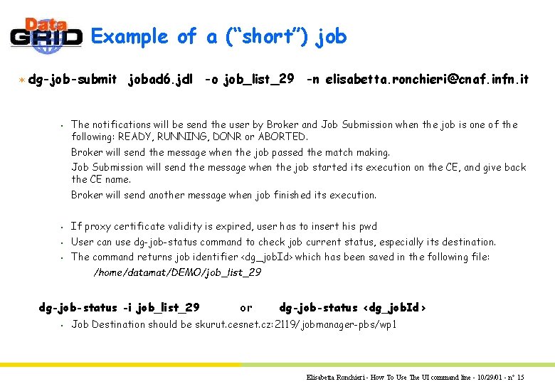 Example of a (“short”) job ¬ dg-job-submit jobad 6. jdl -o job_list_29 -n elisabetta. Example of a (“short”) job ¬ dg-job-submit jobad 6. jdl -o job_list_29 -n elisabetta.
