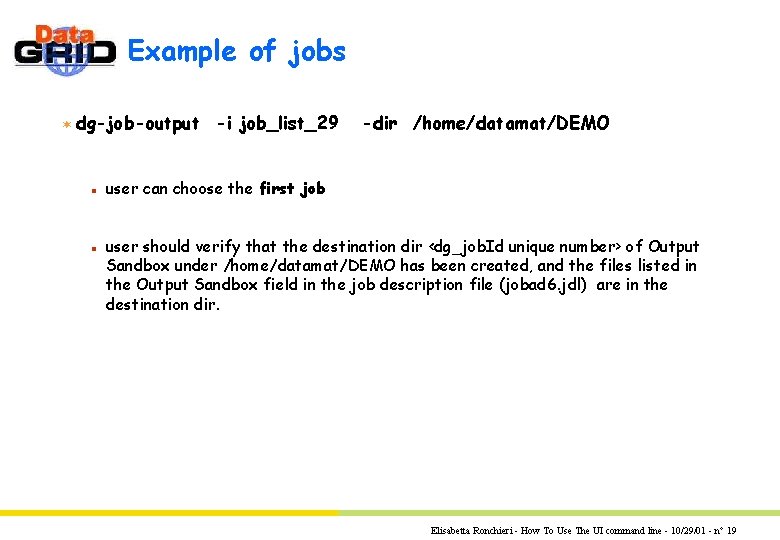Example of jobs ¬ dg-job-output -i job_list_29 n n -dir /home/datamat/DEMO user can choose Example of jobs ¬ dg-job-output -i job_list_29 n n -dir /home/datamat/DEMO user can choose