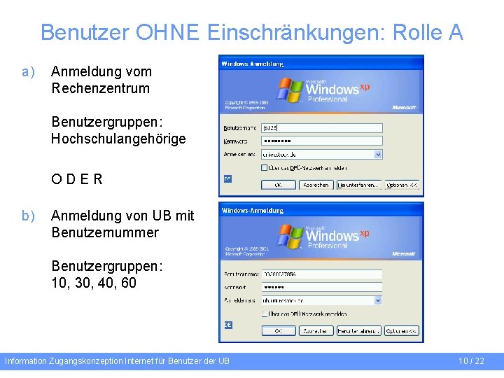 Benutzer OHNE Einschränkungen: Rolle A a) Anmeldung vom Rechenzentrum Benutzergruppen: Hochschulangehörige ODER b) Anmeldung