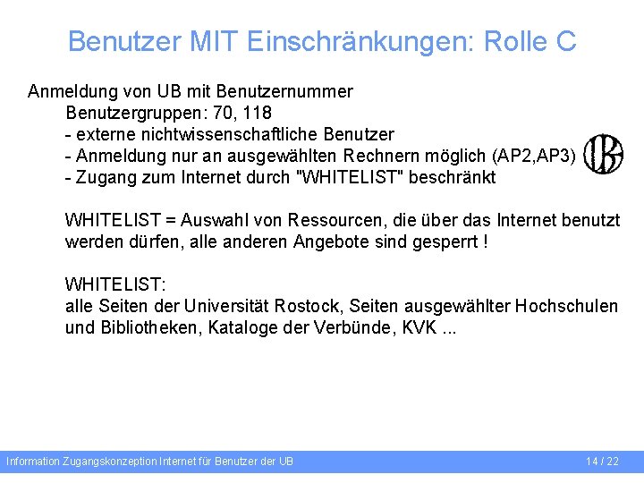 Benutzer MIT Einschränkungen: Rolle C Anmeldung von UB mit Benutzernummer Benutzergruppen: 70, 118 -