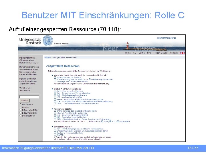 Benutzer MIT Einschränkungen: Rolle C Aufruf einer gesperrten Ressource (70, 118): Information Zugangskonzeption Internet