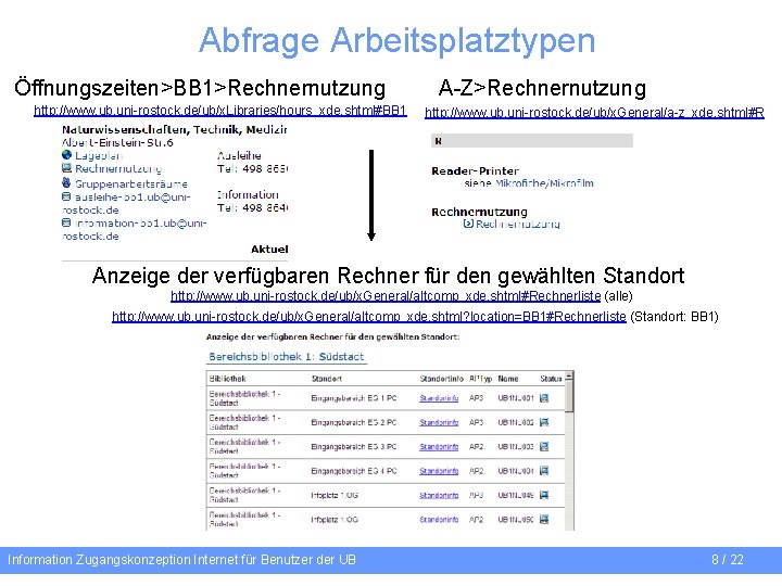 Abfrage Arbeitsplatztypen Öffnungszeiten>BB 1>Rechnernutzung http: //www. ub. uni-rostock. de/ub/x. Libraries/hours_xde. shtml#BB 1 A-Z>Rechnernutzung http: