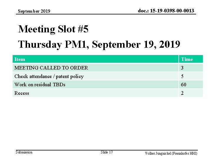 doc. : 15 -19 -0398 -00 -0013 September 2019 Meeting Slot #5 Thursday PM