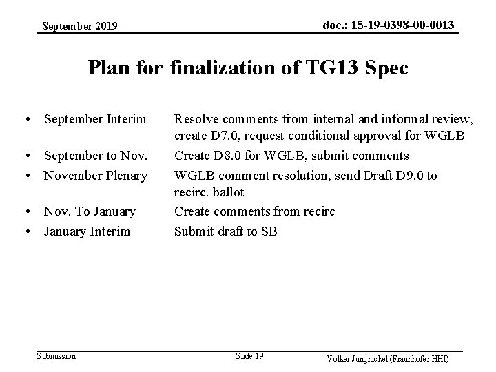 doc. : 15 -19 -0398 -00 -0013 September 2019 Plan for finalization of TG