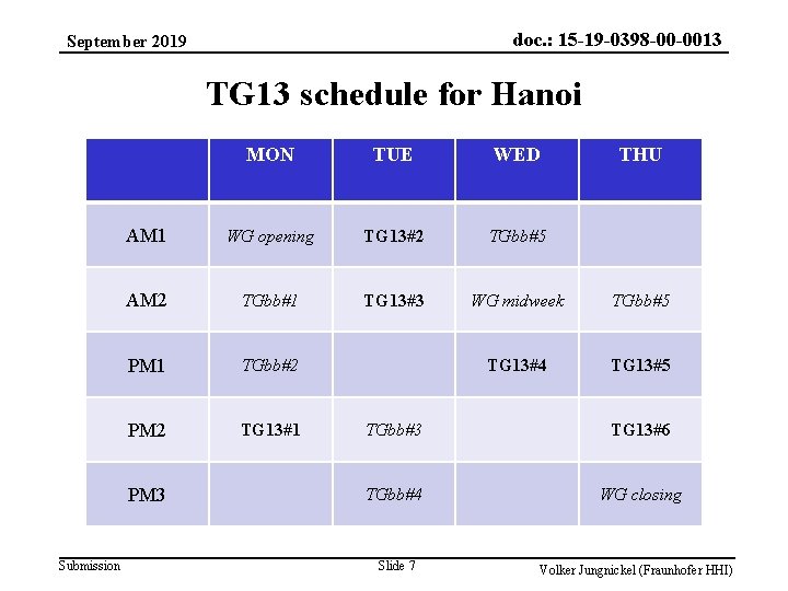 doc. : 15 -19 -0398 -00 -0013 September 2019 TG 13 schedule for Hanoi