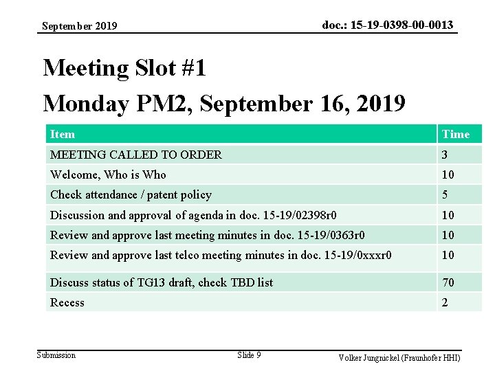 doc. : 15 -19 -0398 -00 -0013 September 2019 Meeting Slot #1 Monday PM