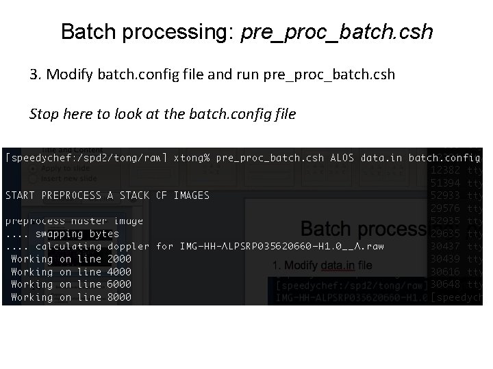 Batch processing: pre_proc_batch. csh 3. Modify batch. config file and run pre_proc_batch. csh Stop Batch processing: pre_proc_batch. csh 3. Modify batch. config file and run pre_proc_batch. csh Stop