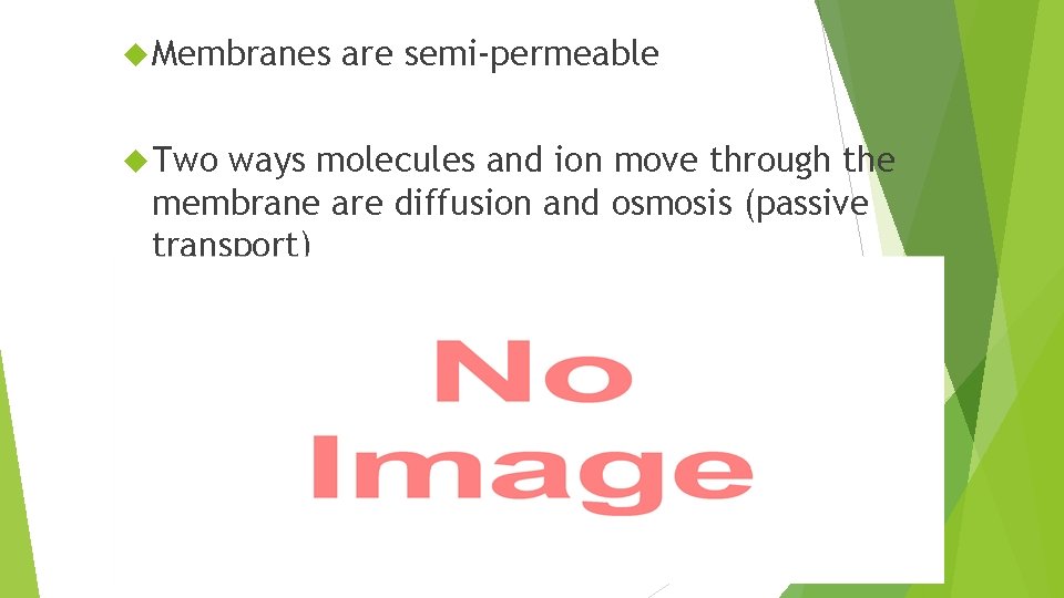  Membranes Two are semi-permeable ways molecules and ion move through the membrane are