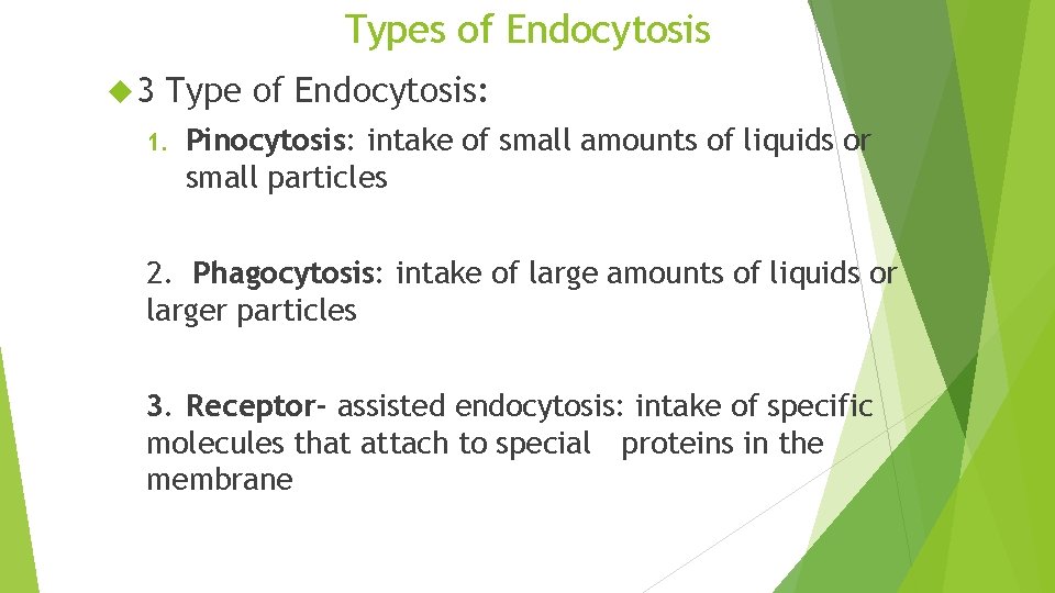 Types of Endocytosis 3 Type of Endocytosis: 1. Pinocytosis: intake of small amounts of