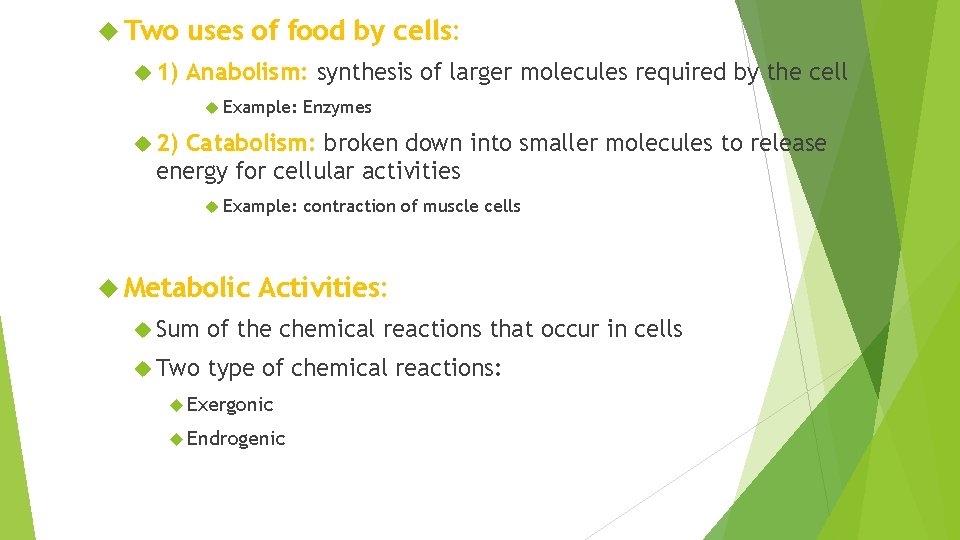  Two 1) uses of food by cells: Anabolism: synthesis of larger molecules required