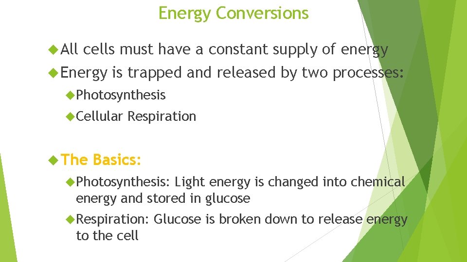 Energy Conversions All cells must have a constant supply of energy Energy is trapped