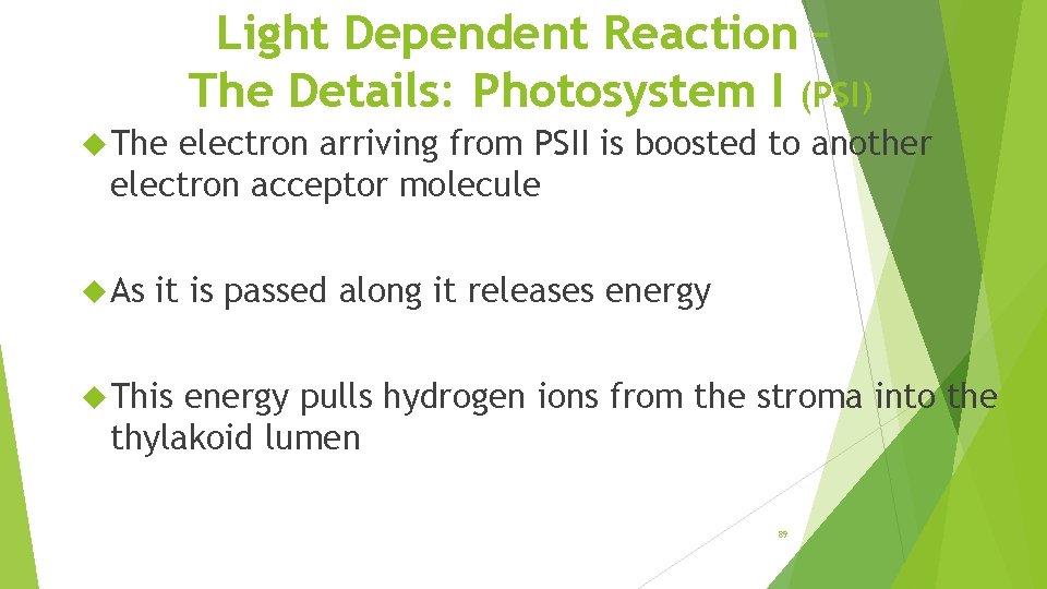 Light Dependent Reaction – The Details: Photosystem I (PSI) The electron arriving from PSII