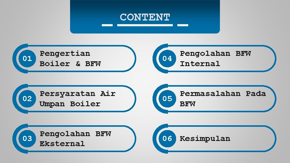 CONTENT Pengertian 01 Boiler & BFW Pengolahan BFW 04 Internal Persyaratan Air 02 Umpan