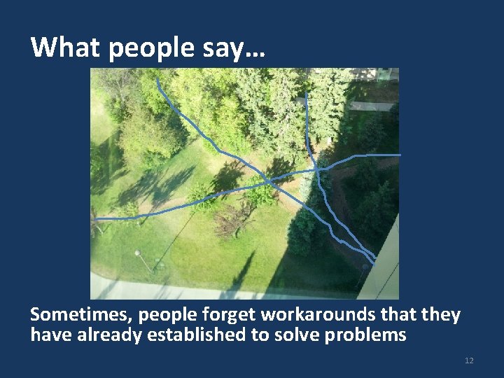 What people say… 12 Sometimes, people forget workarounds that they have already established to
