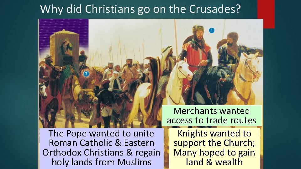 Why did Christians go on the Crusades? Merchants wanted access to trade routes The