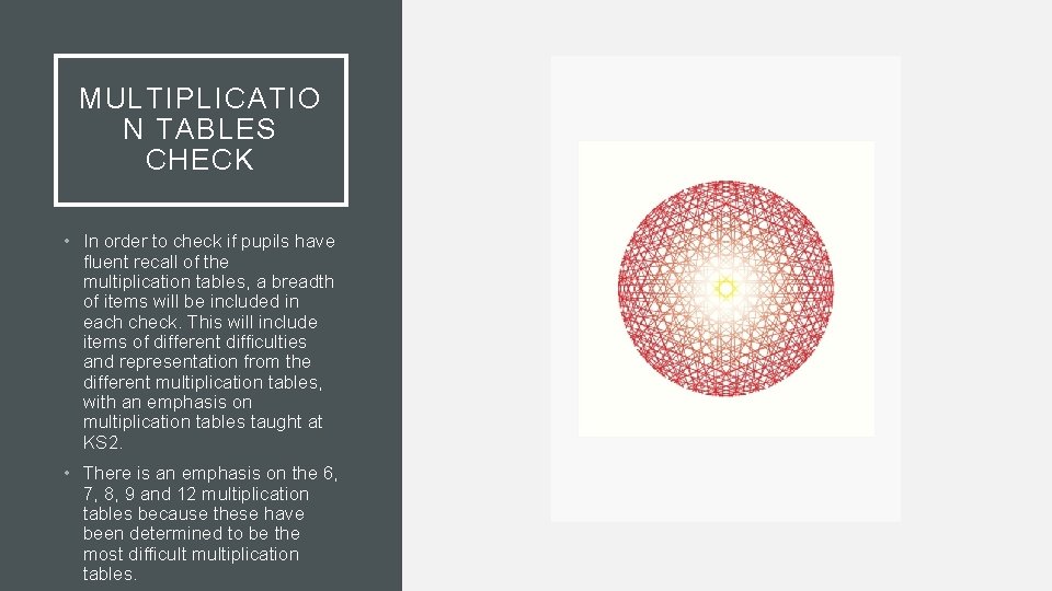 MULTIPLICATIO N TABLES CHECK • In order to check if pupils have fluent recall