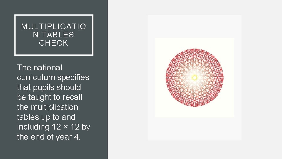 MULTIPLICATIO N TABLES CHECK The national curriculum specifies that pupils should be taught to