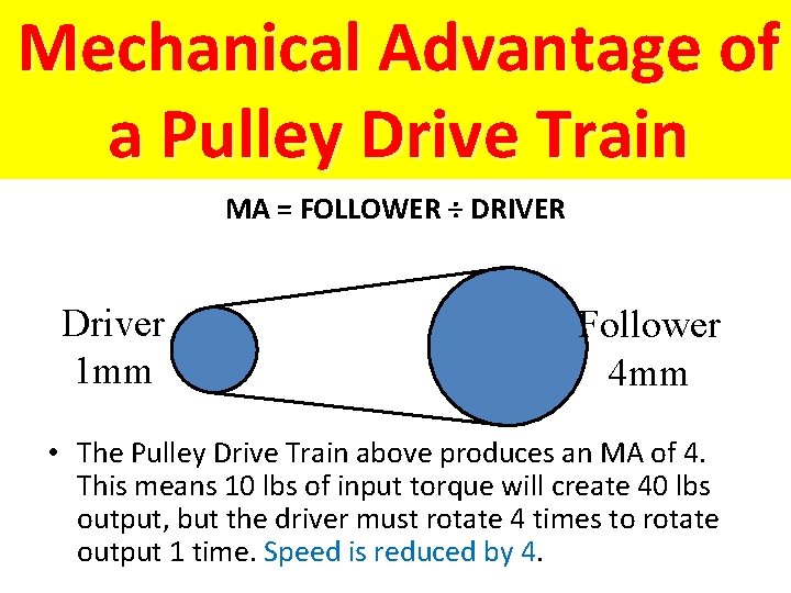 Mechanical Advantage of a Pulley Drive Train MA = FOLLOWER ÷ DRIVER Driver 1
