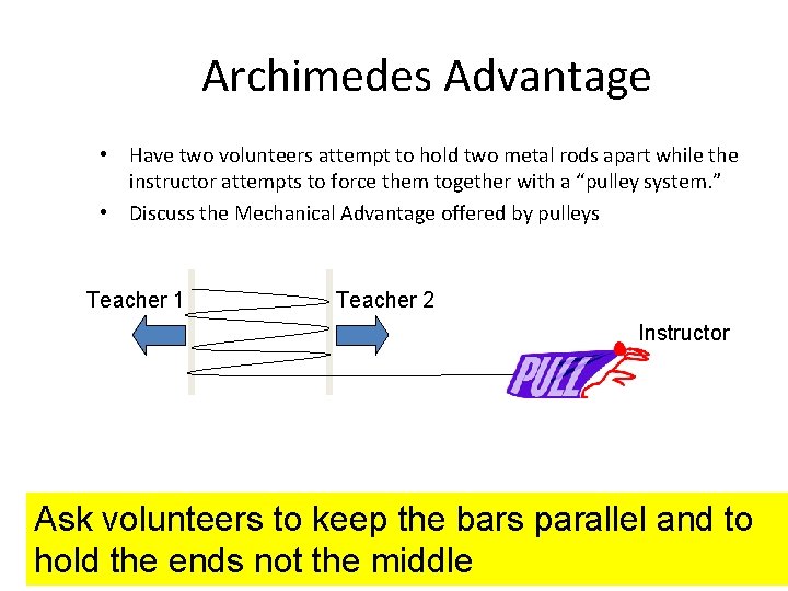 Engagement Archimedes Advantage • Have two volunteers attempt to hold two metal rods apart