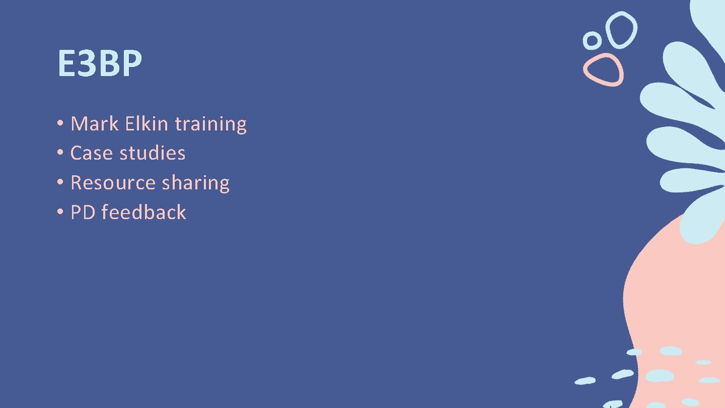 E 3 BP • Mark Elkin training • Case studies • Resource sharing •