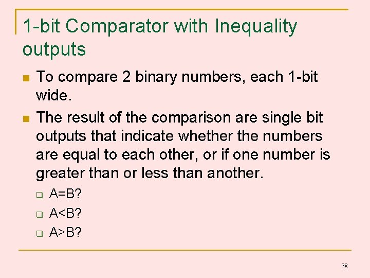 1 -bit Comparator with Inequality outputs To compare 2 binary numbers, each 1 -bit 1 -bit Comparator with Inequality outputs To compare 2 binary numbers, each 1 -bit