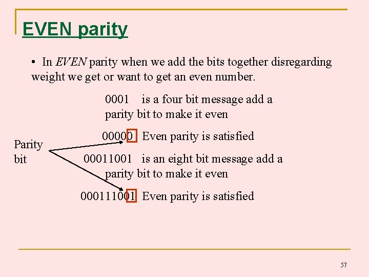 EVEN parity • In EVEN parity when we add the bits together disregarding weight EVEN parity • In EVEN parity when we add the bits together disregarding weight
