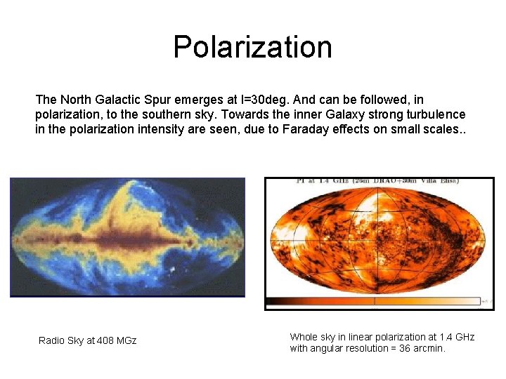 Polarization The North Galactic Spur emerges at l=30 deg. And can be followed, in