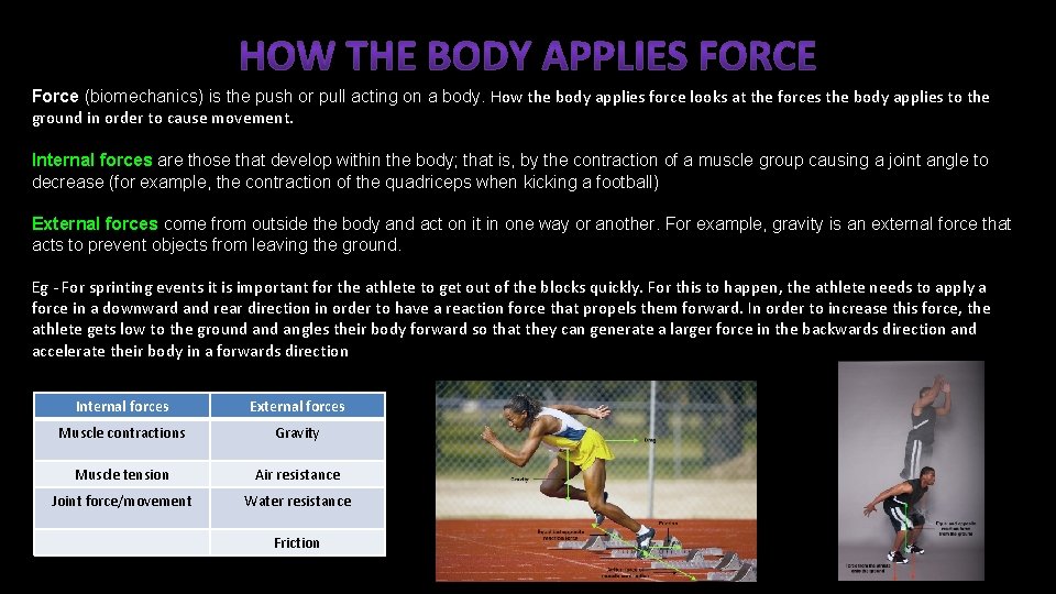 Force (biomechanics) is the push or pull acting on a body. How the body