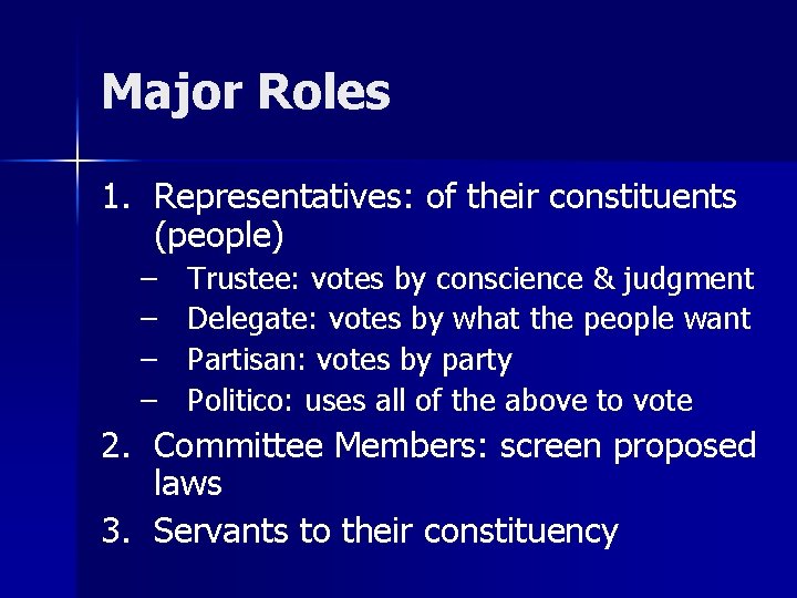 Major Roles 1. Representatives: of their constituents (people) – – Trustee: votes by conscience