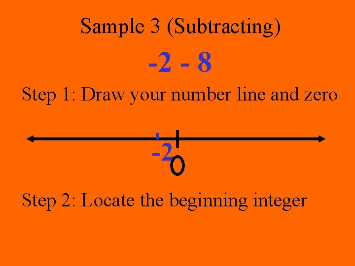 Sample 3 (Subtracting) -2 - 8 Step 1: Draw your number line and zero