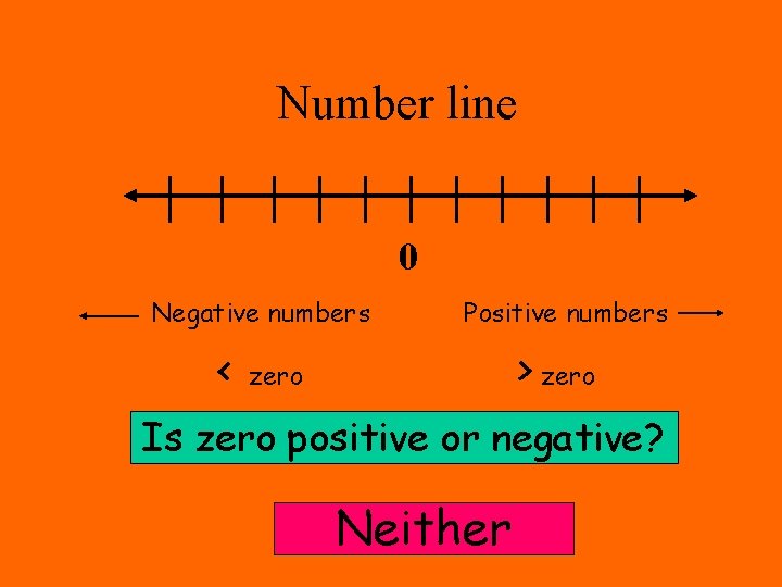 Number line 0 Negative numbers < Positive numbers > zero Is zero positive or