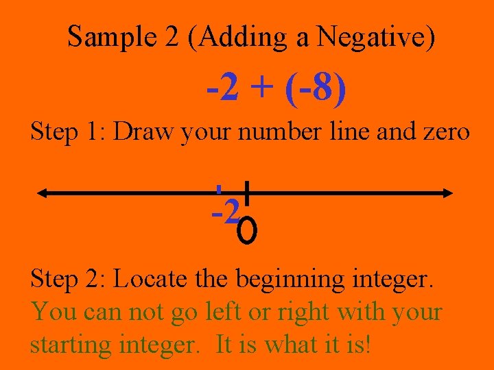 Sample 2 (Adding a Negative) -2 + (-8) Step 1: Draw your number line