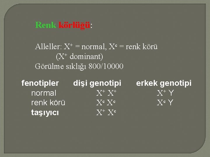 Renk körlüğü: Alleller: X+ = normal, Xc = renk körü (X+ dominant) Görülme sıklığı