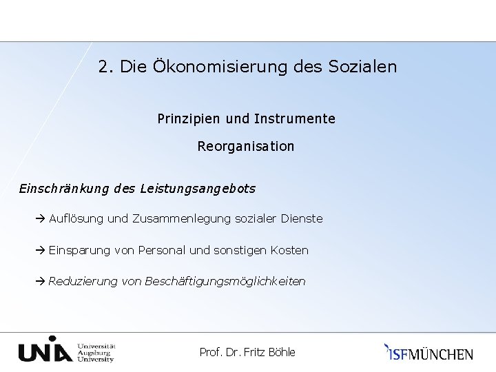 2. Die Ökonomisierung des Sozialen Prinzipien und Instrumente Reorganisation Einschränkung des Leistungsangebots Auflösung und