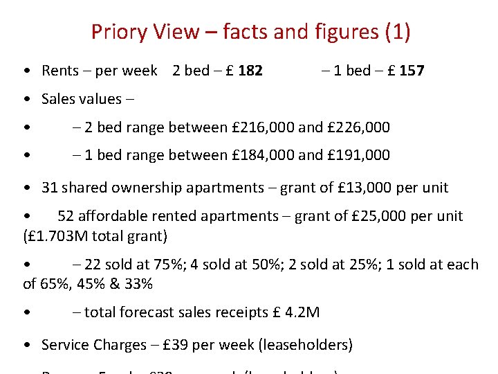 Priory View – facts and figures (1) • Rents – per week 2 bed